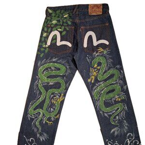 EVISU Jeans sz 30 Hand Painted Yamane Green Dragon Koi Fish Red Tab Straight EXC